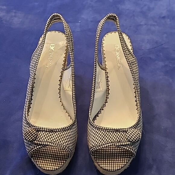 Bongo sz 8.5 dreamer 1 blk/WHT gingham fabric upper wedge open toe sa dle/shoe - Picture 3 of 9